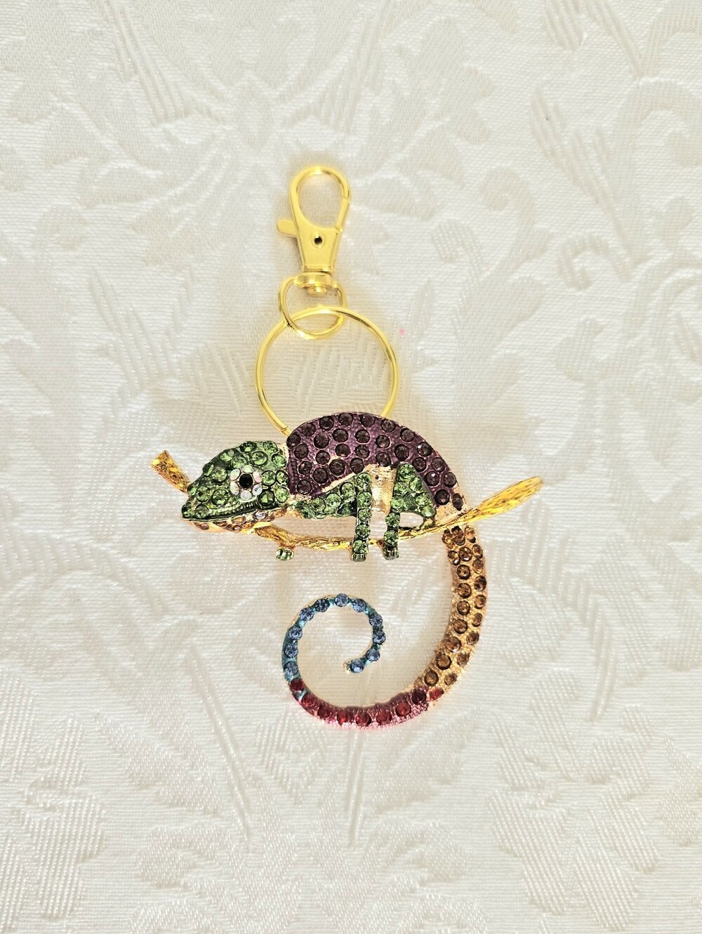 Gold Multicolor Rhinestine Chameleon Keychain Charm- Pet-Themed Accessory